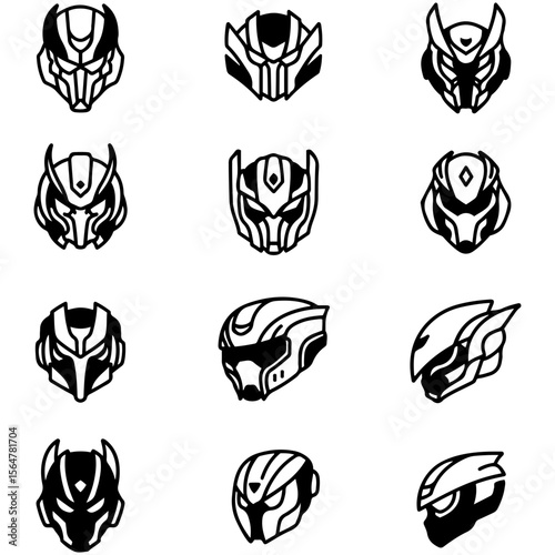 A high-contrast vector set of aggressive, angular mecha helmets with glowing orange visors