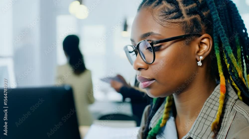 Young African American woman with multi colored dread locks in front of laptop monitor in office. A brief glimpse of her dedication unfolds as she types intently on her laptop.