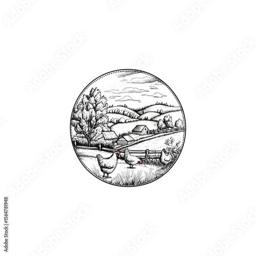 chicken farms in rural areas design vector template vintage engraving illustration
