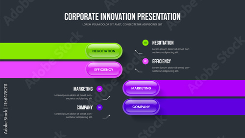 Creative Launch Four Element Infographic Presentation Layout. Business Strategy Slide Template Vector Illustration. Digital Review 4 Step Diagram Frame Design.