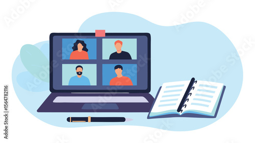 Laptop showing a video conference with four participants and a notebook and pen on the side view scene