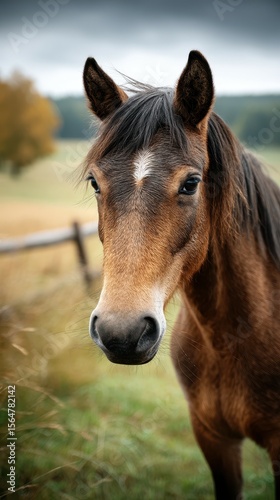 Close-up of a brown horse standing peacefully in a green pasture with wooden fence in a serene rural landscape