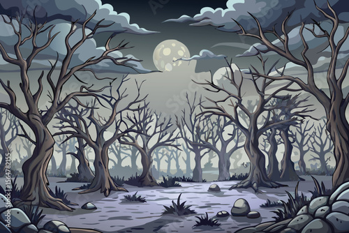 Spooky Halloween night landscape with a lone tree silhouetted against a moonlit sky