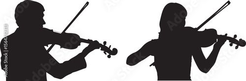 two silhouetted figures playing violins