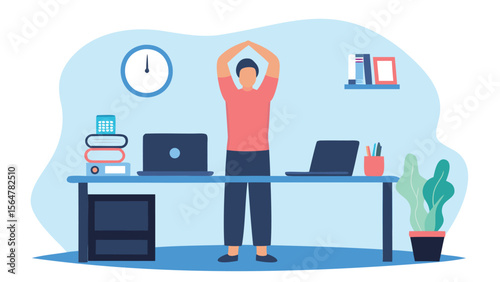 Person stretching arms in office with desk, laptops, books, clock and plant in a light blue room