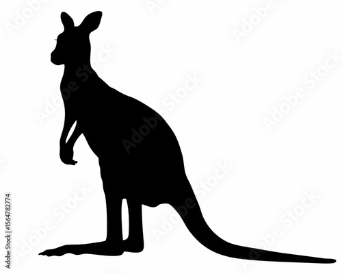 Silhouette of a kangaroo standing upright with its long tail resting on the ground in black and white created with generated ai