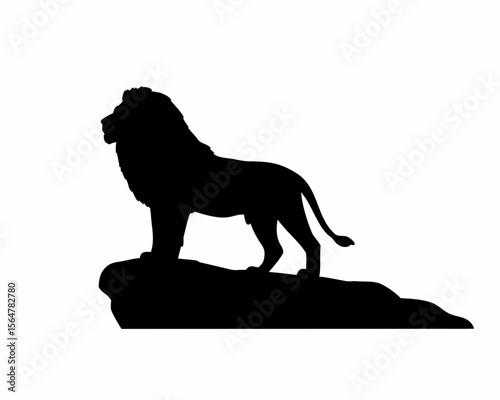 Silhouette of a majestic lion standing proudly atop a rocky outcrop against a stark white background scene created with generated ai