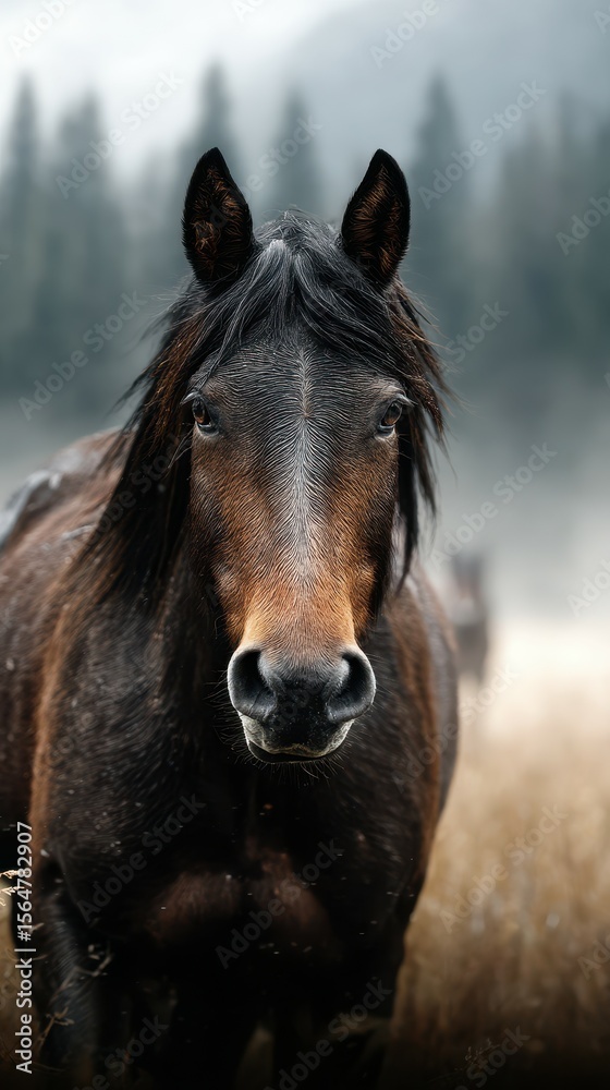 Majestic black horse gazes into the distance in a misty forest setting during early morning hours Majestic black horse gazes into the distance in a misty forest setting during early morning hours