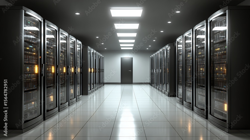 Naklejka premium Modern Data Center Interior: Server Racks Corridor and Futuristic Lighting.