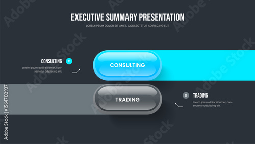 Marketing Performance 2 Step Infographic Slide Template. Product Analysis Two Element Diagram Slideshow Design. Market Growth Frame Layout Vector Illustration.