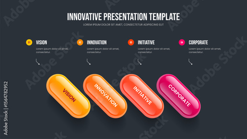 Visual Development Four Element Infographic Slide Template. Company Review Frame Design Vector Illustration. Service Planning 4 Step Diagram Slideshow Layout.