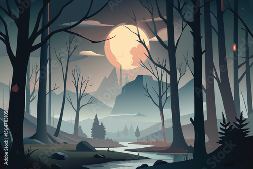 Spooky Halloween night landscape with a lone tree silhouetted against a moonlit sky