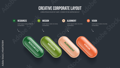 Project Review Four Element Infographic Slideshow Template. Investor Overview Presentation Design Vector Illustration. Modern Innovation 4 Option Diagram Slide Layout.