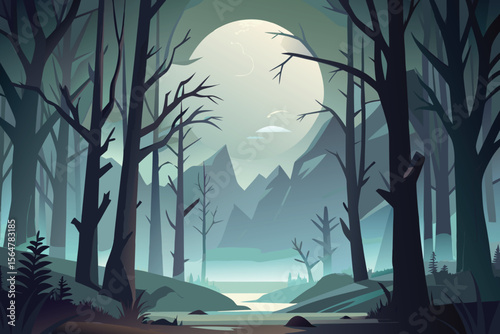 Spooky Halloween night landscape with a lone tree silhouetted against a moonlit sky
