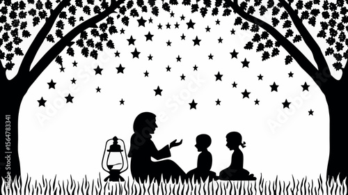 Silhouette of a woman telling stories to children under a starry sky with trees and a lantern nearby