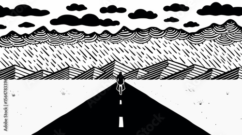 A lone cyclist rides down a black road towards mountains under rain clouds in a monochrome landscape scene silhouette