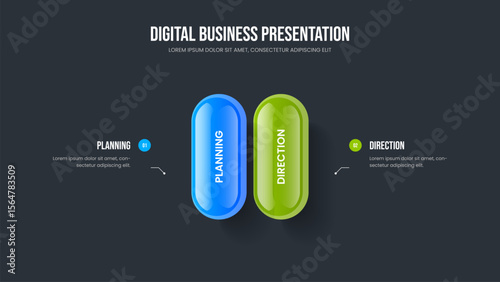 Creative Innovation Two Option Infographic Frame Template. Enterprise Briefing 2 Step Diagram Slide Design. Corporate Development Presentation Layout Vector Illustration.