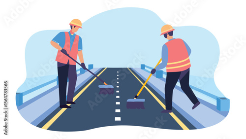 Two road workers sweeping a road with brooms wearing safety vests and helmets on a bridge landscape scene