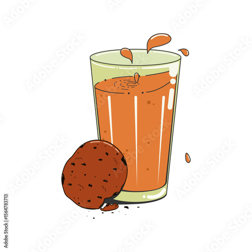 A glass of cocoa and an oatmeal cookie. Cartoon vector illustration. Isolated.