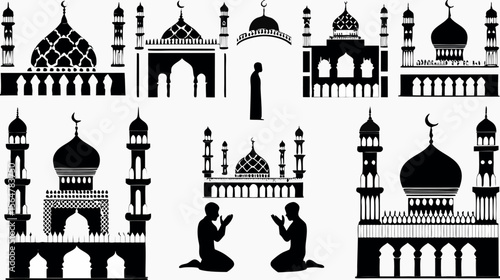 Silhouettes of mosques and praying figures in black and white depicting islamic religious themes and architecture