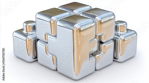 Abstract Metallic Cube Puzzle: Shiny Reflective 3D Render on White Background.