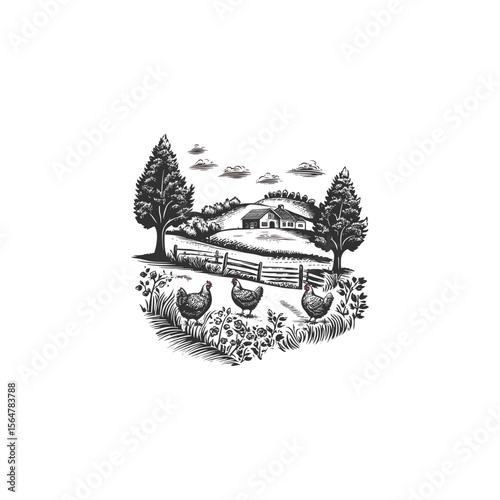 chicken farms in rural areas design vector template vintage engraving illustration