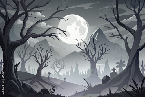 Spooky Halloween night landscape with a lone tree silhouetted against a moonlit sky