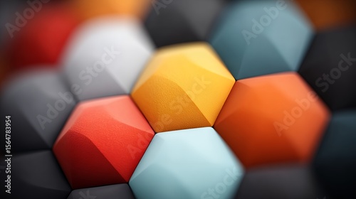 Abstract Hexagonal Pattern: Colorful 3D Rendered Geometric Shapes with Soft Lighting.