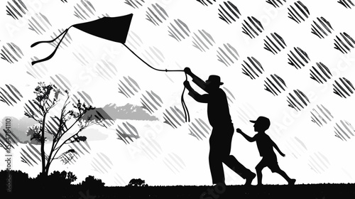 Silhouette of a man and a child flying a kite with a patterned background and a tree in the distance