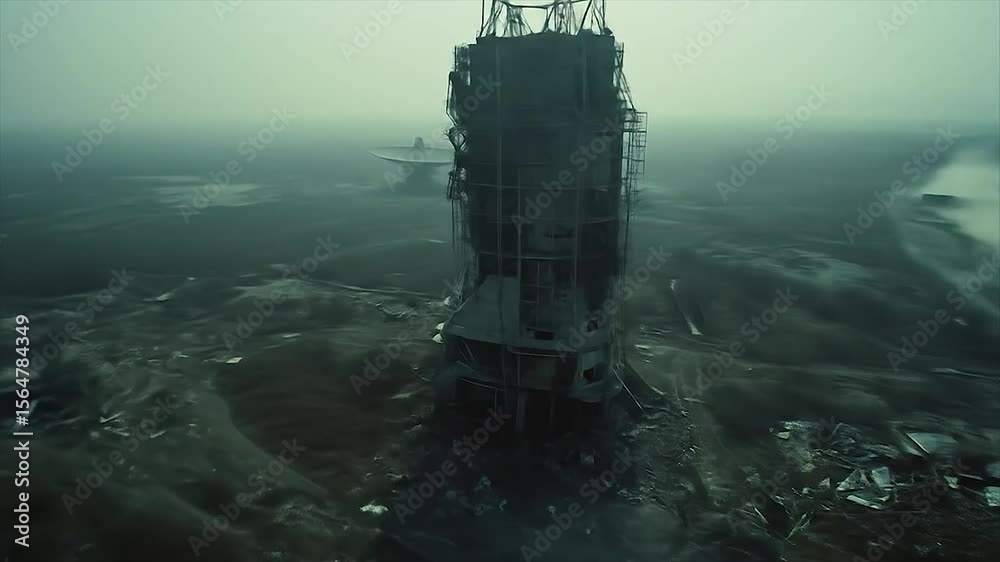 Ruins of an abandoned base. Abandonment and desolation. Daylight diffused with fog. The gloomy atmosphere of the apocalypse