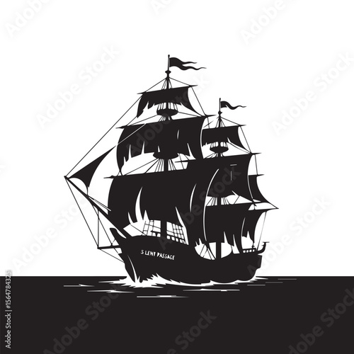 Pirate ship silhouette, a vintage vessel sailing on the ocean, is a nautical illustration