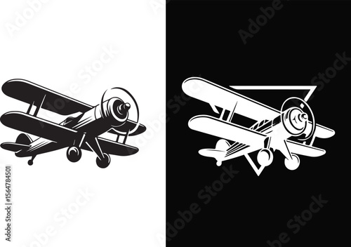 Vintage biplane aircraft silhouette in black and white