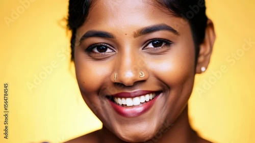 Close-up view of a smiling Indian woman on a yellow background. The woman's cheerful expression shines brightly, creating a delightful contrast with the yellow.