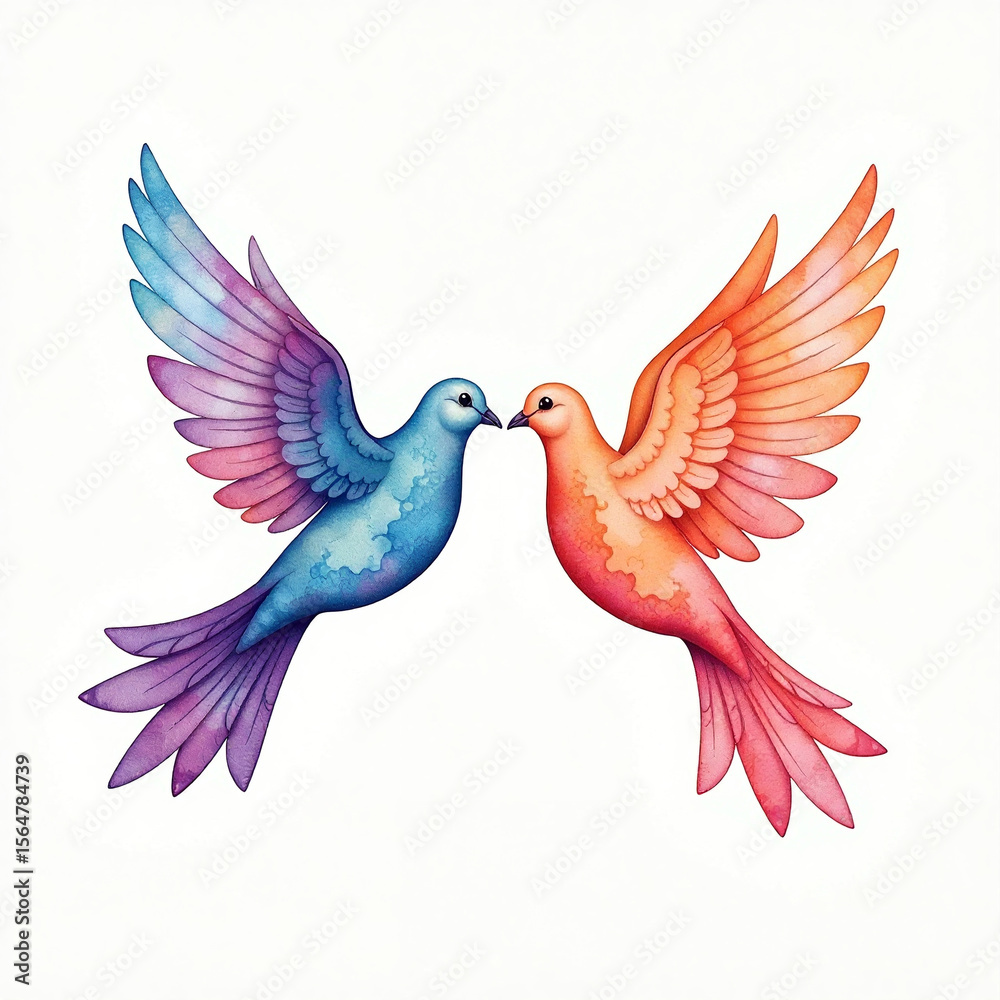 Fototapeta premium Colorful watercolor birds facing each other with vibrant wings in a harmonious embrace
