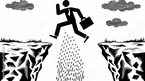 Illustration of a businessman jumping across a chasm with clouds and textured cliffs in black and white silhouette