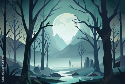Spooky Halloween night landscape with a lone tree silhouetted against a moonlit sky