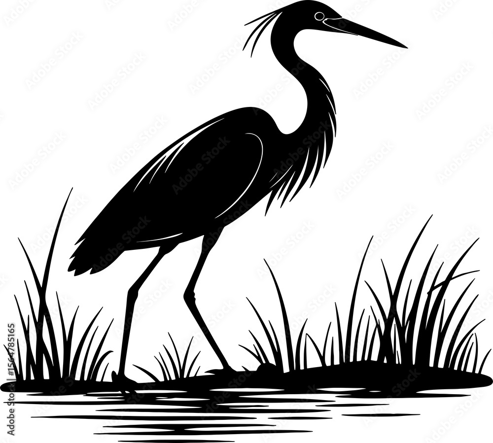 Fototapeta premium A minimalist black silhouette of a heron standing still in shallow water with long legs and beak.