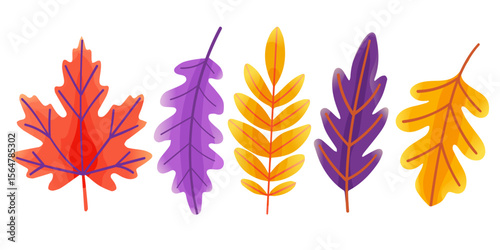 Vector illustration of leaves, pine, oak, maple, isolated on white background. Suitable for botanical design and decorative elements.