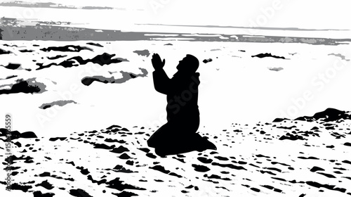 Silhouette of a person kneeling with hands raised in prayer on a snowy landscape under a cloudy sky