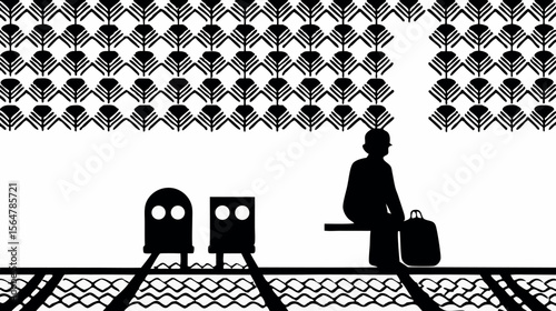 Silhouette of a person sitting on a bench at a train station with patterned ceiling and trains waiting