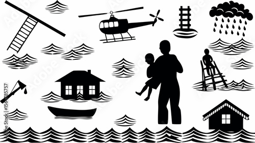 Black and white illustration depicting a flood with rescue elements and people in danger scene silhouette