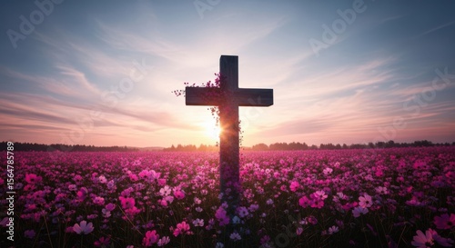 A Solemn Cross Stands Tall Amidst a Field of Blooming Pink Flowers at Sunrise