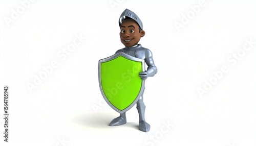 Cartoon Knight in Shining Armor Holding a Green Shield on Isolated White Background