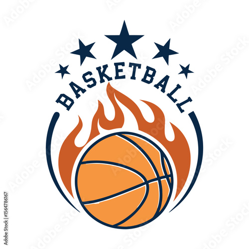 Dynamic Sport Ball Icons with Speed Lines, Vector Basketball Team Logo Templates with Burning Ball and Stars On White


