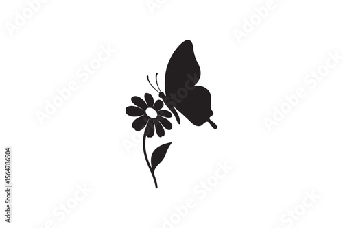 Butterfly Over Flower silhouette on white background.01