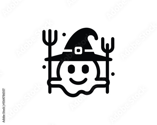 Happy ghost witch with pitchforks for halloween