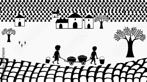 Illustrated scene of rural life with children pulling carts under rain near houses and trees silhouette