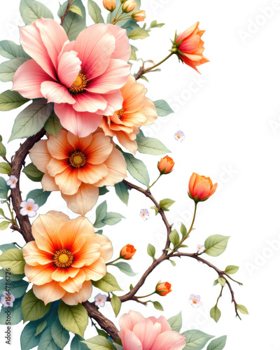 Watercolor Flowers on a Branch with Light Blue Textured Background Blooming Floral Design with Orange Pink Petals and Green Leaves Creates a Natural and Artistic Look