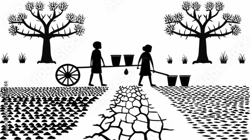 Silhouette of people carrying water with a cart and buckets under trees in a desolate landscape