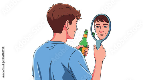 Illustrated Young Man Holding Beer Bottle and Mirror Reflecting Himself on White
